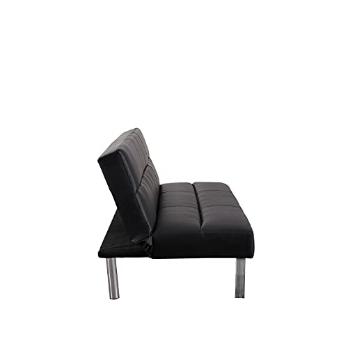 Naomi Home Zoe Futon Sofa Bed, Faux Leather Futon Couch, Modern Convertible Folding Sofa Bed Couch with Chrome Legs, Reclining Mini Couch, Leather Futon Small Couch for Bedroom Living Room Black Naomi Home