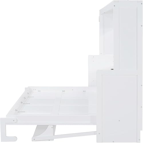 MERITLINE Queen Horizontal Murphy Bed with Desk,Wood Folding Hideaway Murphy Wall Bed for Adult,Guest Room,No Box Spring Needed, Easy Assembly (White,Queen) MERITLINE