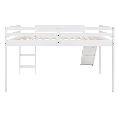 Full Size Loft Bed with Slide, Low Loft Bed with Ladder & Safety Rail, Wooden Full Loft Bed Frame for Kids Teens Girls & Boys, No Box Spring Needed, Easy Assemble (Full, White) Harper & Bright Designs