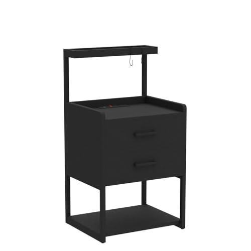 AOGLLATI LED Nightstand Set of 2 with Charging Station, 2 Drawers Night Stand with LED Lights for Bedroom, 2 USB Ports, 2 Power Outlets, Bed Side Table with Storage Shelves AOGLLATI