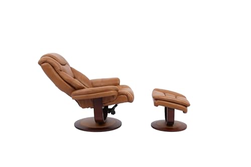 Pemberly Row Stressless Recliner with Ottoman in Brown Leather, Manual Swivel Recliner Chair for Living Room Comfort