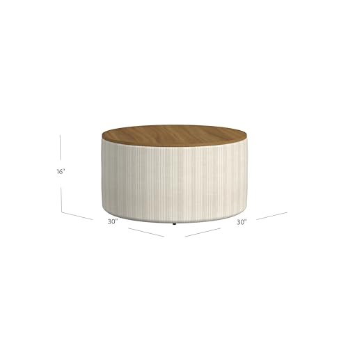 HomePop Modern Fabric Storage Ottoman with Wood Top -Marigold Pinstripe Cream Fabric HomePop