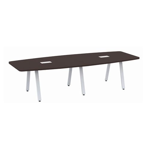 New Modern Executive 10 ft Conference Table Wood Boat Shaped Laminated Espresso Finish Metal V Legs Sleek Grommets Racetrack Black 2 Power Data Modules Desk Ports Meeting Boardroom Office Business WoodArtSupply