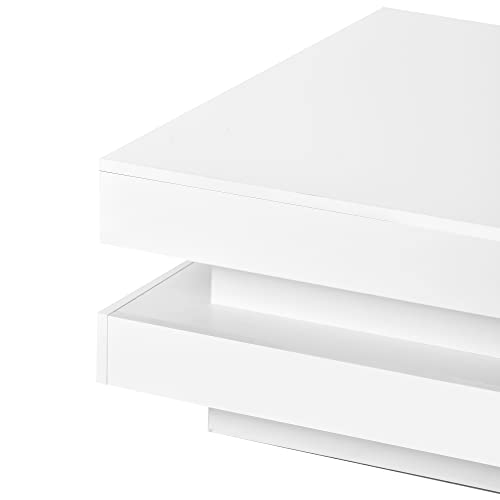 MERITLINE High Gloss Coffee Table with LED Lights, 2-Tier Square Center Table for Living Room, Easy Assembly for Living Room, White MERITLINE