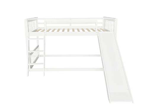 DNYN Twin Over Twin Bunk Bed with Slide for Kids Bedroom,Solid Wood Floor Bunkbeds for Boys and Girls,Easy Assembly & No Box Spring Needed & Space Saving Design, White DNYN