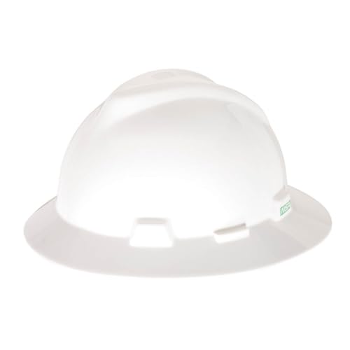 MSA 475369 V-Gard Full-Brim Hard Hat With Fas-Trac III Ratchet Suspension | Polyethylene Shell, Superior Impact Protection, Self Adjusting Crown-Straps - Standard Size in White MSA