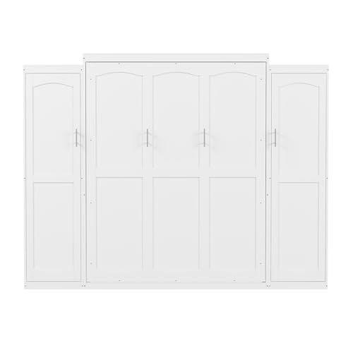 Harper & Bright Designs Full Size Murphy Bed, Wood Full Wall Bed with Two Closets and Storage Shelf, Multifunctional Foldable Platform Bed Frame for Guest-Room/Bedroom, White Harper & Bright Designs