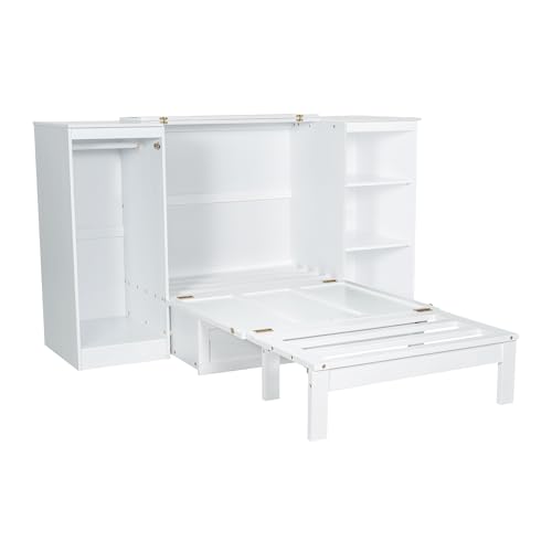 Ball & Cast Murphy Bed Twin Size Wall Chest with Bedside Shelves and Wardrobe,Wood Hideaway Cabinet Platform Bedframe w/Drawer & Bookcase,can be Folded,Space-Saving,for Small Room,Dorms,White Ball & Cast