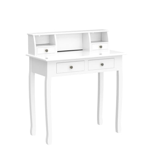 DMAITH Small White Writing Desk with Hutch – 32" Home Office Desk with Drawers | Compact Computer Desk, Vanity Makeup Table for Bedroom or Study Room DMAITH