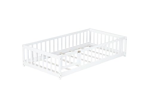 Twin Floor Bed with Slats, Fence and Door, Twin Size Montessori Floor Bed for Kids, Girls, Boys, Easy Assemble Montessori Bed Frame(Twin White) Bellemave