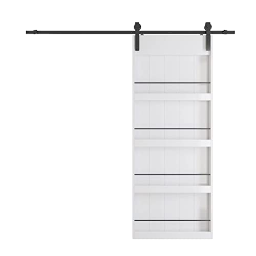 BARNER HOME 36in x 84in Sliding Barn Door, Shelf Style, Made of Primed MDF, Sliding Door with 6.6 ft Hardware Kit BARNER HOME