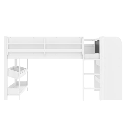 SOFTSEA Full Size Low Loft Bed with Desk & Storage, Solid Wood Full Loft Bed with Bookshelves, Storage Drawers, Boxes & Blackboard for Kids Juniors Boys Girls, White SOFTSEA