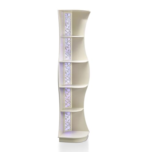 HOMES: Inside + Out Connelly Modern 5 Shelf LED Bookcase, Unique Thin Wood Bookshelf with Storage and Remote, Office Shelving ,Tall Book Shelf for Bedroom, Living Room and Small Spaces, Cream Weave Furniture of America