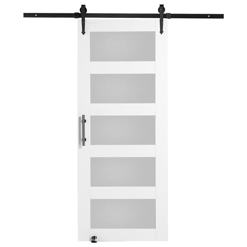 VEVOR 32in x 84in Glass Barn Door with 6FT Sliding Door Hardware Included & Handle, 5-Panel Frosted Glass Solid Wood Water-Proof PVC Surface, Pre-Drilled Easy Assembly, White VEVOR