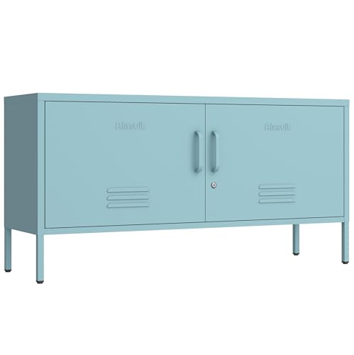 Aiasuit Blue Lockable Metal TV Stand Entertainment Center, Heavy Duty Storage Cabinet Supports 80+ Inch TVs, Multifunctional Media Console for Home Living Room Office 22" H X 35.4" W X 13.8" D Aiasuit