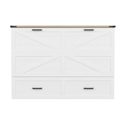 Harper & Bright Designs Queen Size Murphy Cabinet Bed with Charging Station & Storage Drawer, Farmhouse Style Wall Bed Folds into Cabinet, White
