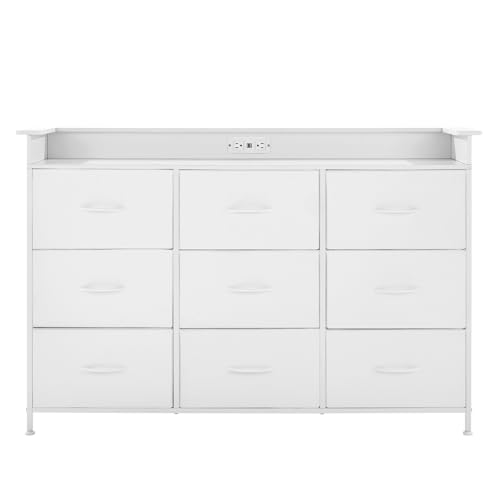 VEVOR 9 Drawer Dresser, Tall Drawer Dresser with Fabric Bin, Closet Storage Drawers with Sturdy Metal Frame, LED Lights & Built-in Outlet, Fabric Storage Tower for Bedroom, Hallway, Closet, White VEVOR