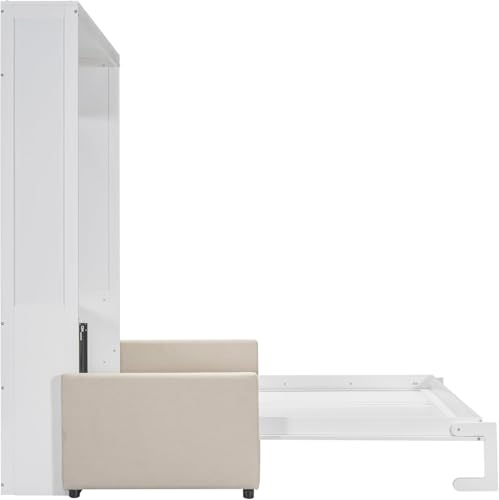 Virubi Queen Murphy Bed with Couch,Wood Folding Murphy Wall Bed Cabinet with Sofa (White,Queen) Virubi