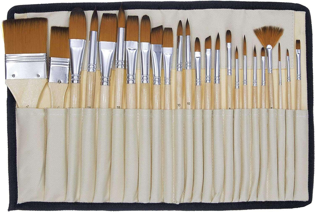 24 Pcs Artist Paint Brush Set Carry Pouch for Watercolor, Acrylic, Oil, Canvas, Paper, Ceramic, Golden Nylon Hair WoodArtSupply