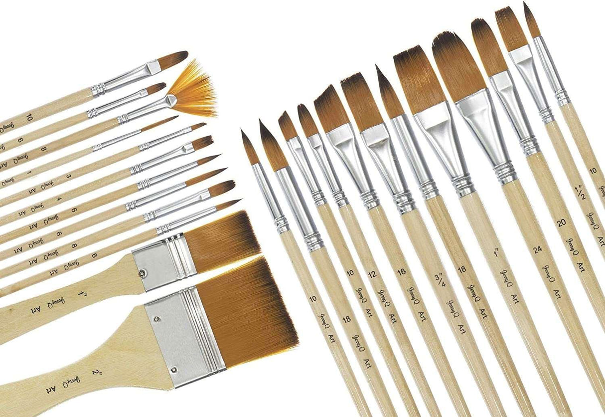 24 Pcs Artist Paint Brush Set Carry Pouch for Watercolor, Acrylic, Oil, Canvas, Paper, Ceramic, Golden Nylon Hair WoodArtSupply
