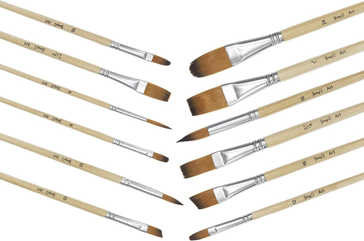 24 Pcs Artist Paint Brush Set Carry Pouch for Watercolor, Acrylic, Oil, Canvas, Paper, Ceramic, Golden Nylon Hair WoodArtSupply