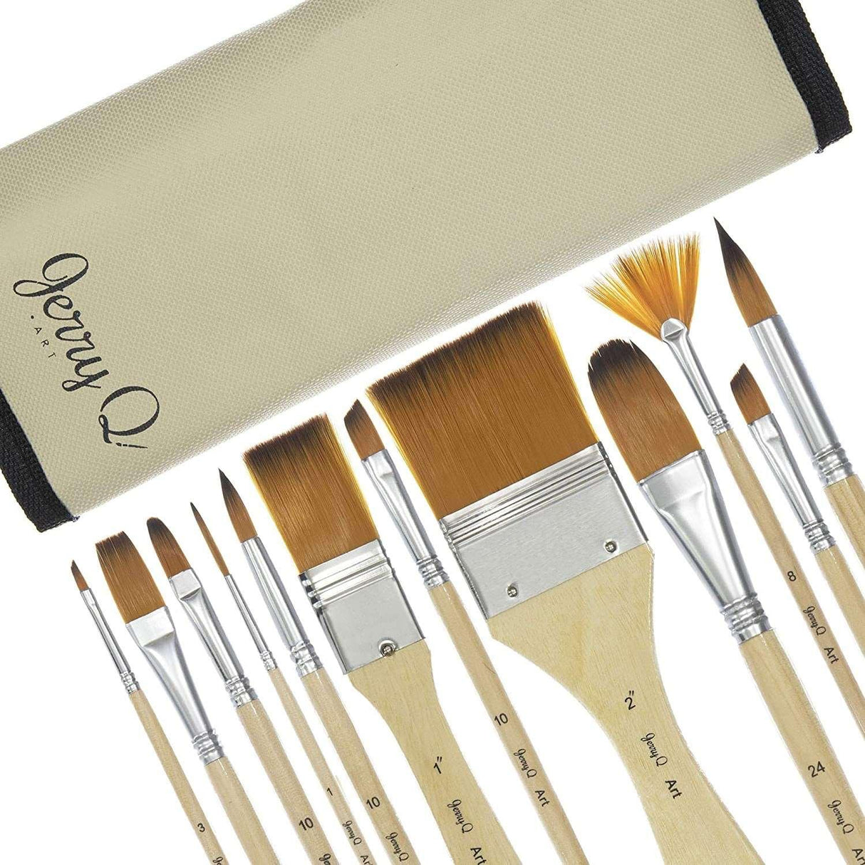 24 Pcs Artist Paint Brush Set Carry Pouch for Watercolor, Acrylic, Oil, Canvas, Paper, Ceramic, Golden Nylon Hair WoodArtSupply