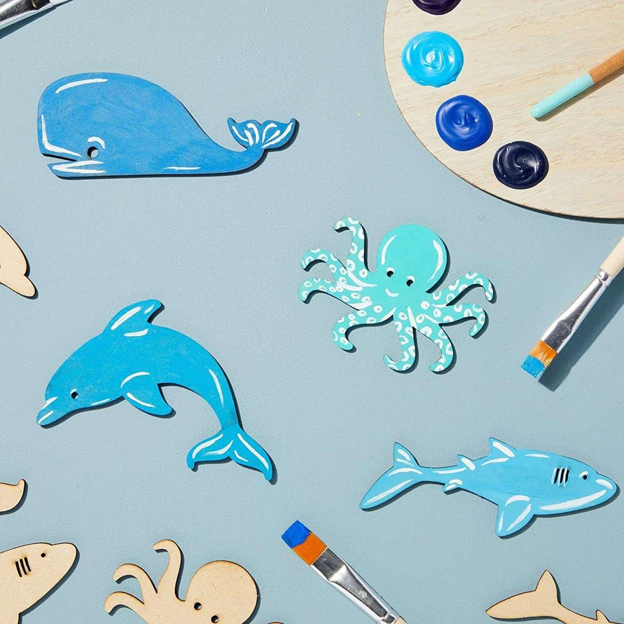 24 Pieces Unfinished Sea Creatures Wood Cutouts for Crafts, Wooden Ocean Animals (Octopus, Shark, Whale, Dolphin) WoodArtSupply