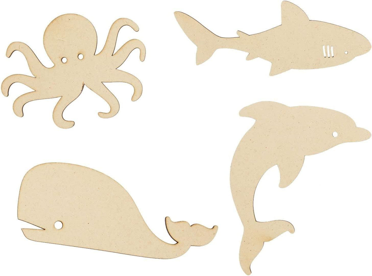 24 Pieces Unfinished Sea Creatures Wood Cutouts for Crafts, Wooden Ocean Animals (Octopus, Shark, Whale, Dolphin) WoodArtSupply