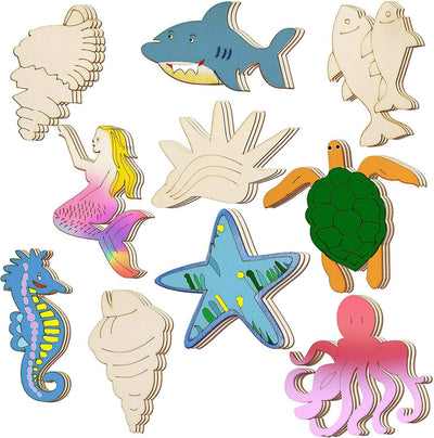 30 Piece Unfinished Wood Cutouts Ocean Animals Wooden Kid DIY Craft Art , Octopus, Whale, Dolphin, Seahorse, Fish (3.9 X 0.1 Inch)