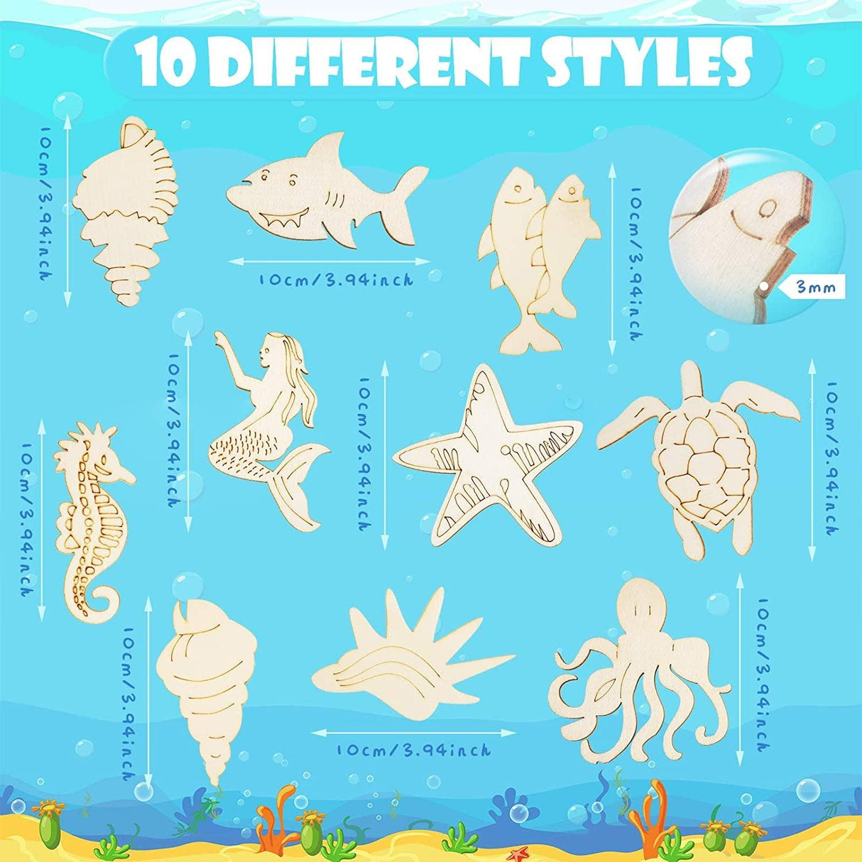 30 Piece Unfinished Wood Cutouts Ocean Animals Wooden Kid DIY Craft Art , Octopus, Whale, Dolphin, Seahorse, Fish (3.9 X 0.1 Inch) WoodArtSupply