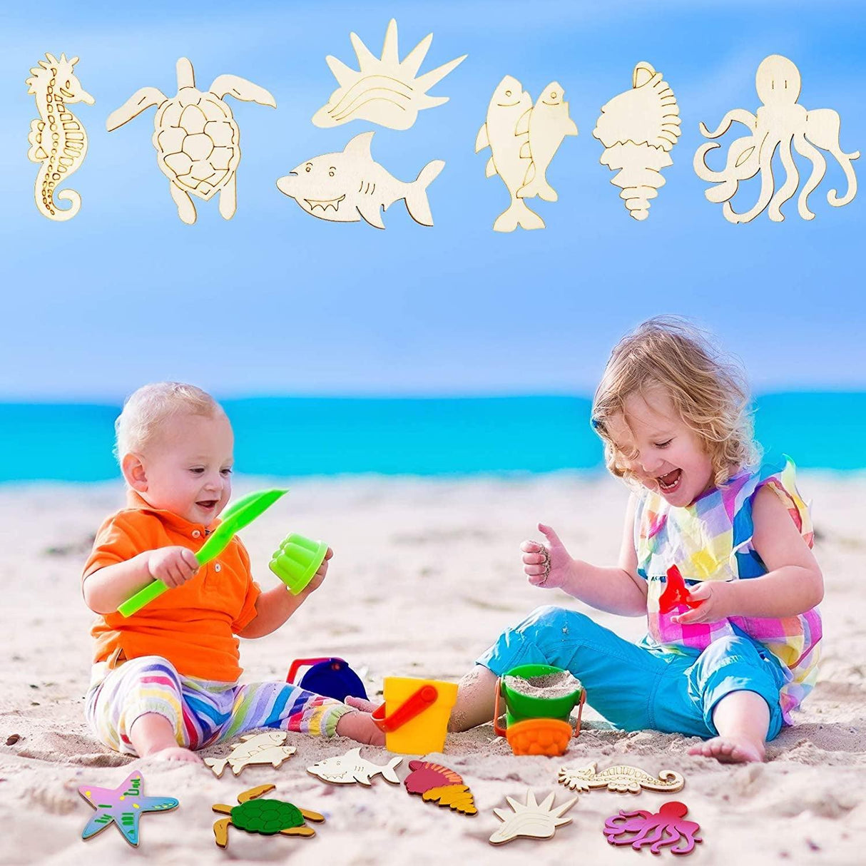 30 Piece Unfinished Wood Cutouts Ocean Animals Wooden Kid DIY Craft Art , Octopus, Whale, Dolphin, Seahorse, Fish (3.9 X 0.1 Inch) WoodArtSupply