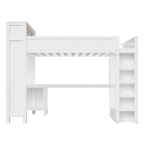 CKLMMC Wooden Queen Loft Bed with Desk, Headboard with Storage and USB, Space-Saving Modern Design for Small Rooms (White-Q1) CKLMMC