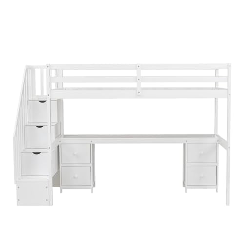 Harper & Bright Designs Twin Size Loft Bed with Stairs and Desks, Wood Loft Bed Frame with Storage Drawers, White Harper & Bright Designs