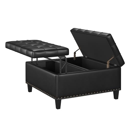 FiveWillowise Square Leather Ottoman with Storage, Faux Leather Coffee Table Ottoman with Lift Top, Large Upholstered Footrest Stool Toy Box Storage for Bedroom Living Room, Black FiveWillowise