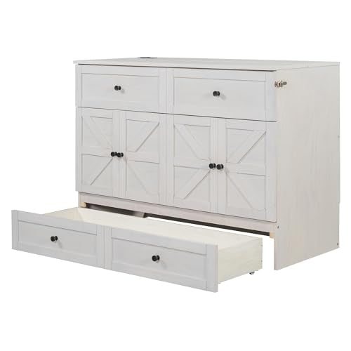 YOPTO Full Size Murphy Bed Chest,Folding Storage Wall Bed with Large Drawers,USB Ports & 2 Three-Prong Outlets,Hidden Cabinet Platform Bed W/Wood Slats Support,for Bedroom,Guest Room,Brushed White YOPTO