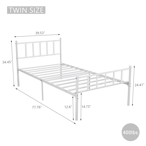 WJORATA Metal Platform Twin Bed Frame with Headboard Sturdy Steel Slats Support No Box Spring Needed Easy Assembly White WJORATA