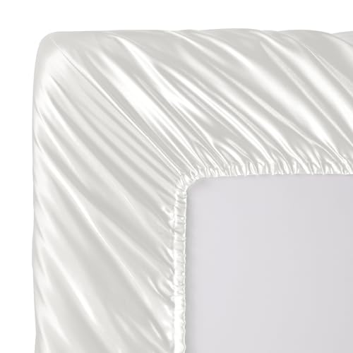 SiinvdaBZX 3-Piece Set Satin Twin Fitted Sheet & 2 Pillowcase, Ivory White Silky Soft Fitted Bottom Sheet, Wrinkle Free, Fade Resistant, Deep Pocket Bed Sheet (Deep Up to 15") SiinvdaBZX