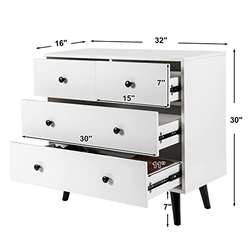 Tangkula 4 Drawer Storage Cabinet, Wood Chest of Drawers, Freestanding Floor Side Cabinet with Legs & Metal Handles, Modern Storage Drawer for Living Room (White) Tangkula