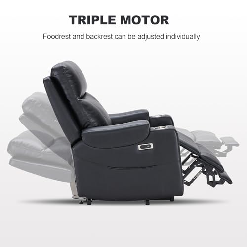 Eiayeebil Triple Motor Power Lift Recliner Chair with Adjustable Lumbar Support, Lay Flat Recliner for Elderly, Breathable Black Lift Chair Leather Recliner, Massage & Heating, USB Ports, Cup Holders Eiayeebil