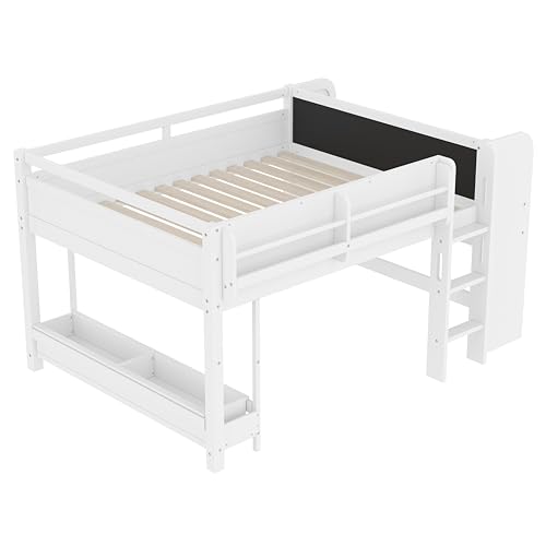 Bellemave Full Loft Bed with Storage Boxes and Bookshelves, Solid Wood Kids Loft Bed with Desk and Blackboard, Low Loft Beds Frame for Kids, Girls, Boys, Childlike Design, White Bellemave
