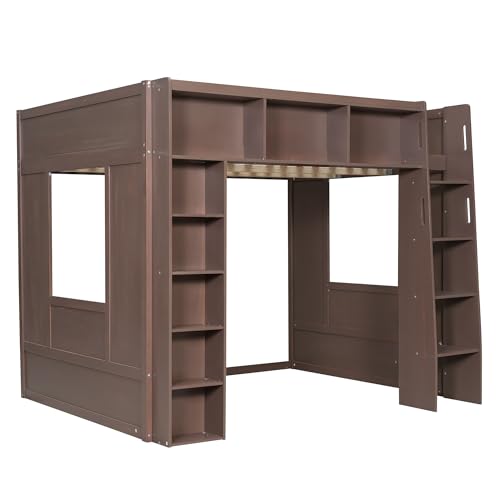 Merax Queen Size Loft Bed with Storage - Wooden High Sleeper Bed with 3 Cabinets & 5 Shelves, Heavy Duty Study Desk Space, Space Saving Bed for Kids Teens, Small Bedroom, Dorm Room, Brown Merax