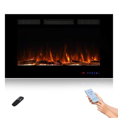 36" WiFi Smart Recessed Electric Fireplace Insert, 5 Flame Settings, Log Set or Crystal Options, Temperature Control by Touch Panel & Remote & App, 750/ 1500W Heater, Compatible with Alexa
