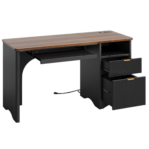 Bestier Computer Desk with Keyboard Tray, 55 inch Office Desk with Power Outlet, Modern Home Office Desk with File Drawer (Walnut with Black, 55" W with Single-Sided Drawers) Bestier