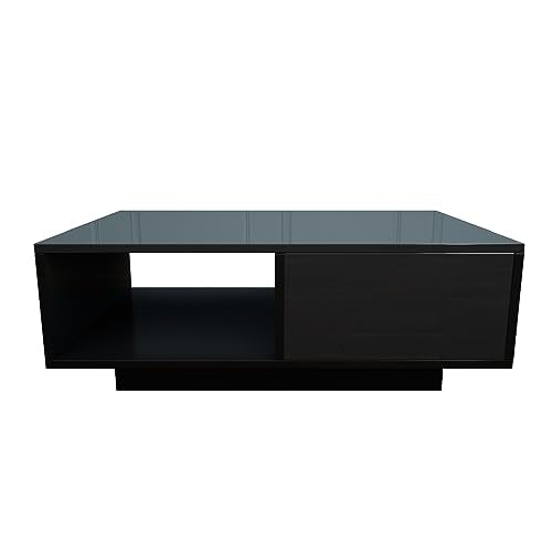 COSVALVE High Gloss LED Coffee Table with Drawer & 16 Colors LED Lights, Modern Living Room Coffee Table with Storage Space, Rectangle Sofa Side Central Table, Black (AA Battery) COSVALVE