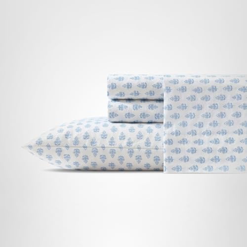 Laura Ashley - King Sheet Set, Crisp & Cool Cotton Percale Bedding with Deep Pockets, Lightweight for Year Round Comfort, Bed Sheets with Matching Pillowcases (Francesca Blue) Laura Ashley