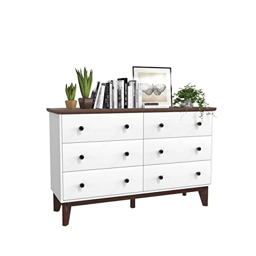 JOZZBY 6-Drawer Double Dresser with Wide Drawers,White Dresser for Bedroom, Wood Storage Chest of Drawers for Living Room Hallway Entryway, 47.25'' W