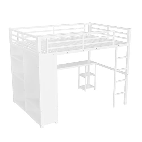 Bellemave Metal Queen Size Loft Bed with Desk and Wardrobe,Heavy Duty Loft Bed Frame with Storage Shelves for Kids,Teens,Adults, Space Saving,White Bellemave