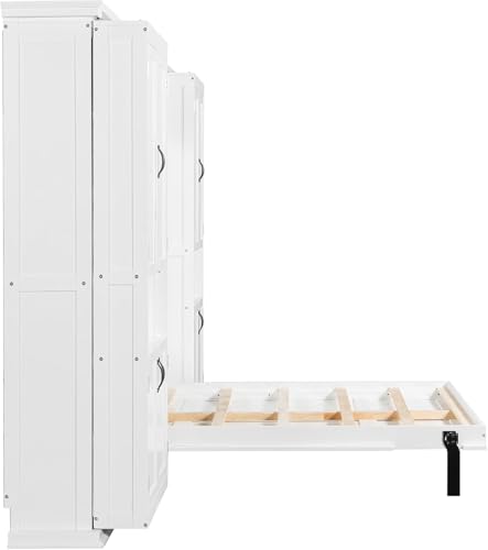 MERITLINE Full Murphy Bed with Storage Shelves,Cabinets,Bookcase, Wood Vertical Murphy Wall Bed Cabinet with Storage Shelves Bookshelves,for Adults,White MERITLINE