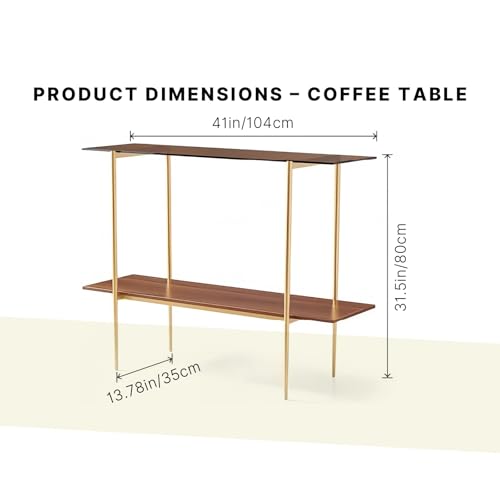 Glass Console Table for Living Room, Foyer & Entrance, 2-Tiers Mid-Century Modern Sofa Table with Amber Glass Top, 41" D x 14" W x 31.5" H, Walnut Finish Wood Shelf and Gold Finish Frame Shrine