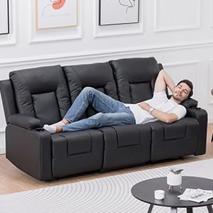 COMHOMA Recliner Chair Set, Furniture 3PC Bonded Leather Recliner Set Living Room Set, Sofa, Recline Chair (Black,Living Room Set 3) COMHOMA